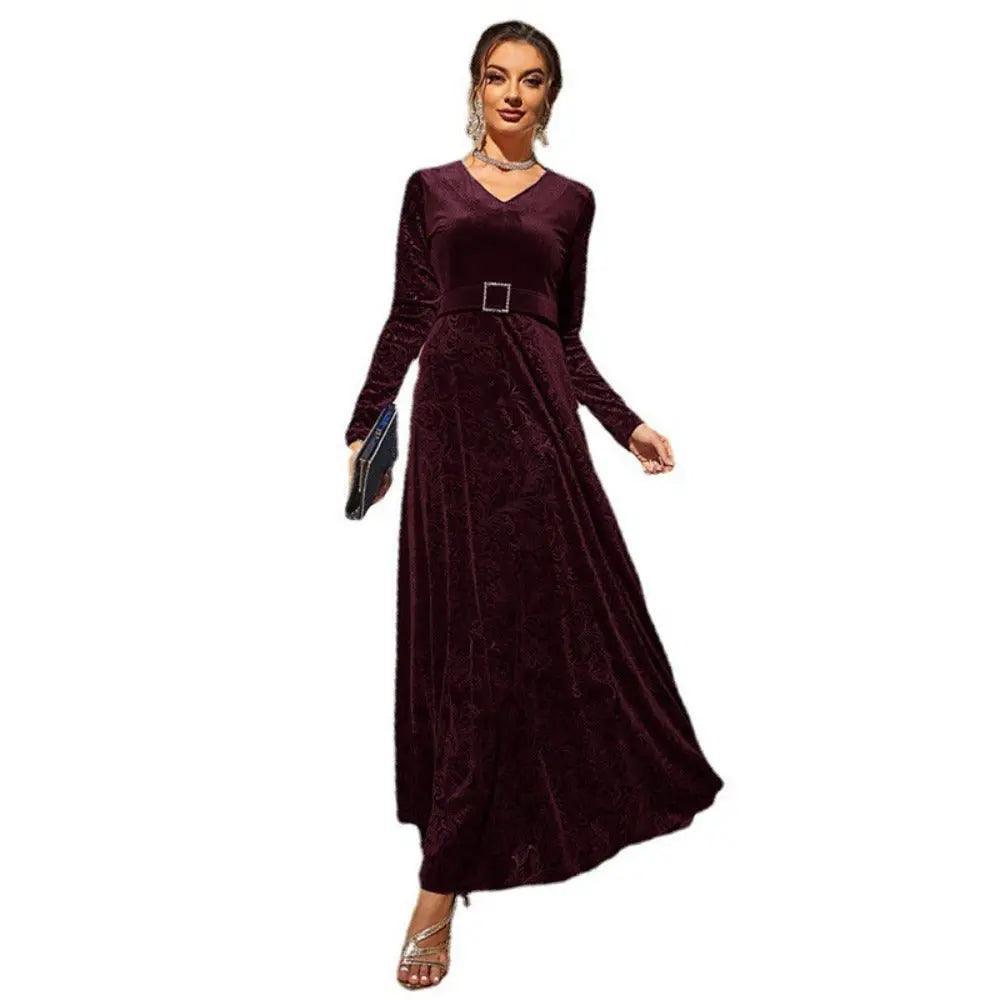 MS011 Elegant V-Neck Long Sleeve High Waist Flared Maxi Velvet Dress - Mariam's Collection