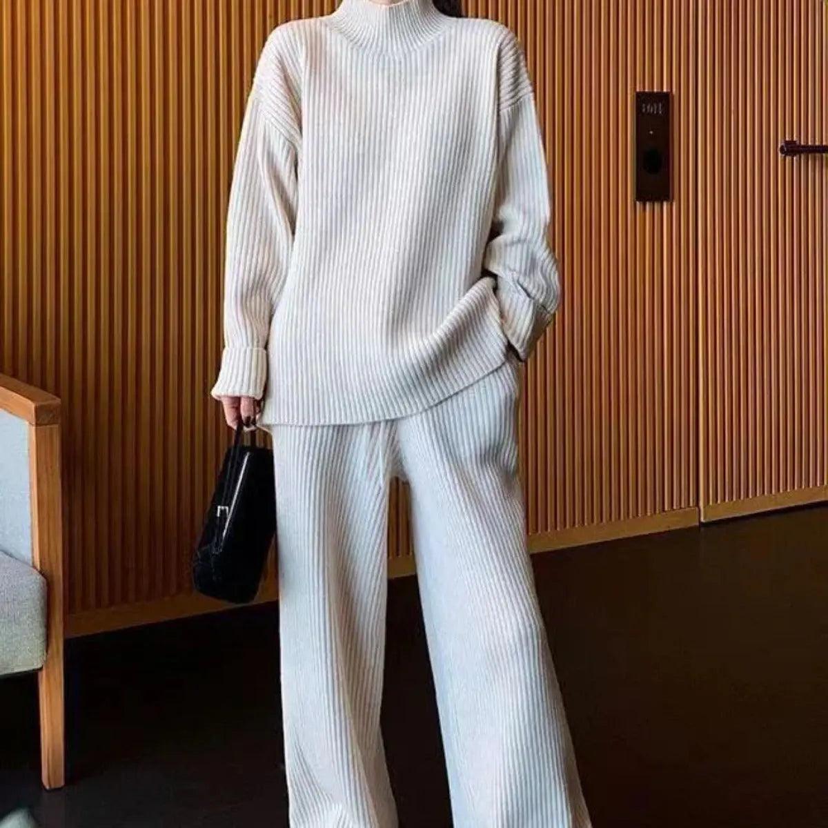 MS018 2 Piece Outfits Casual Loose Turtleneck Long Sleeve Knit Top and Wide Leg Pants - Mariam's Collection