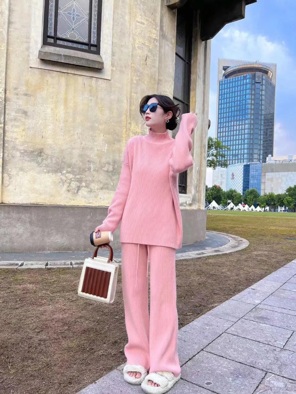 MS018 2 Piece Outfits Casual Loose Turtleneck Long Sleeve Knit Top and Wide Leg Pants - Mariam's Collection