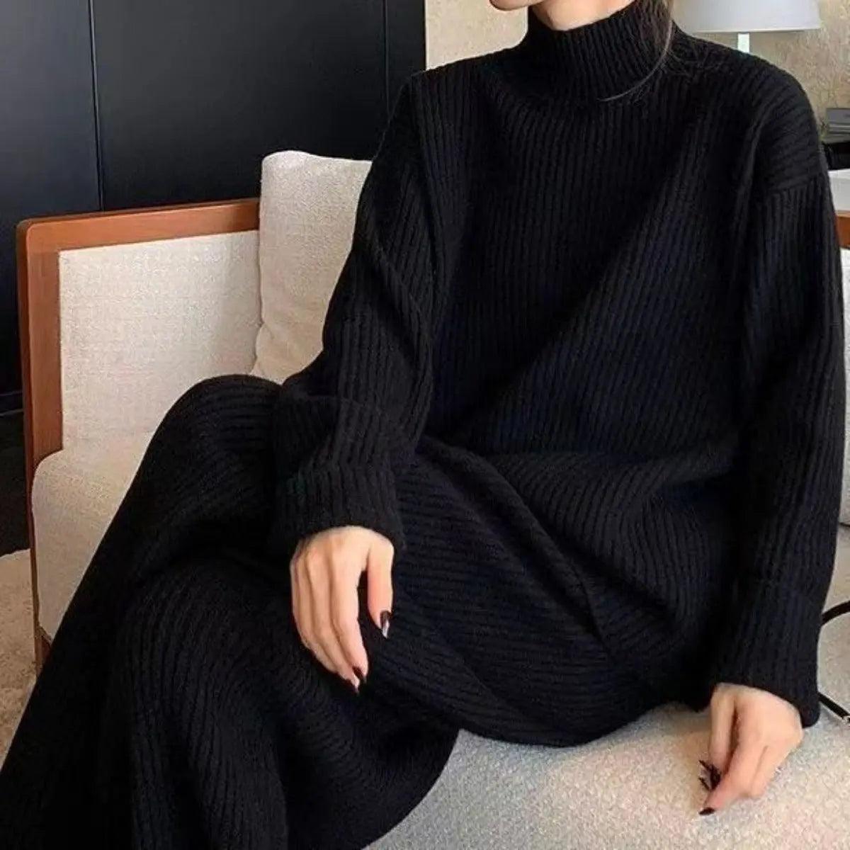 MS018 2 Piece Outfits Casual Loose Turtleneck Long Sleeve Knit Top and Wide Leg Pants - Mariam's Collection