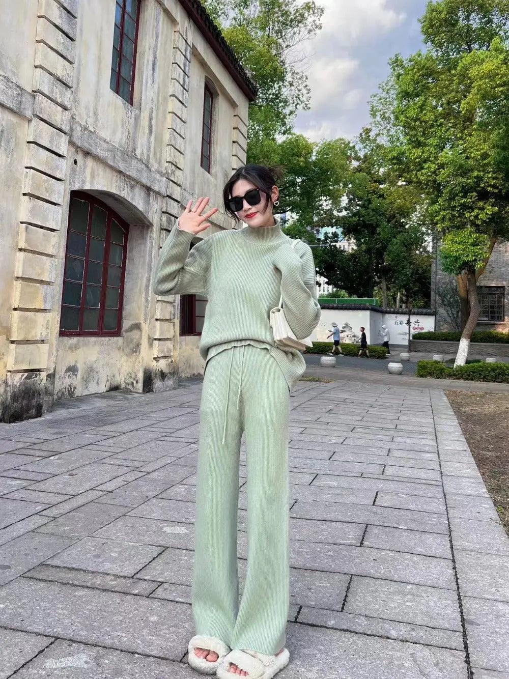 MS018 2 Piece Outfits Casual Loose Turtleneck Long Sleeve Knit Top and Wide Leg Pants - Mariam's Collection