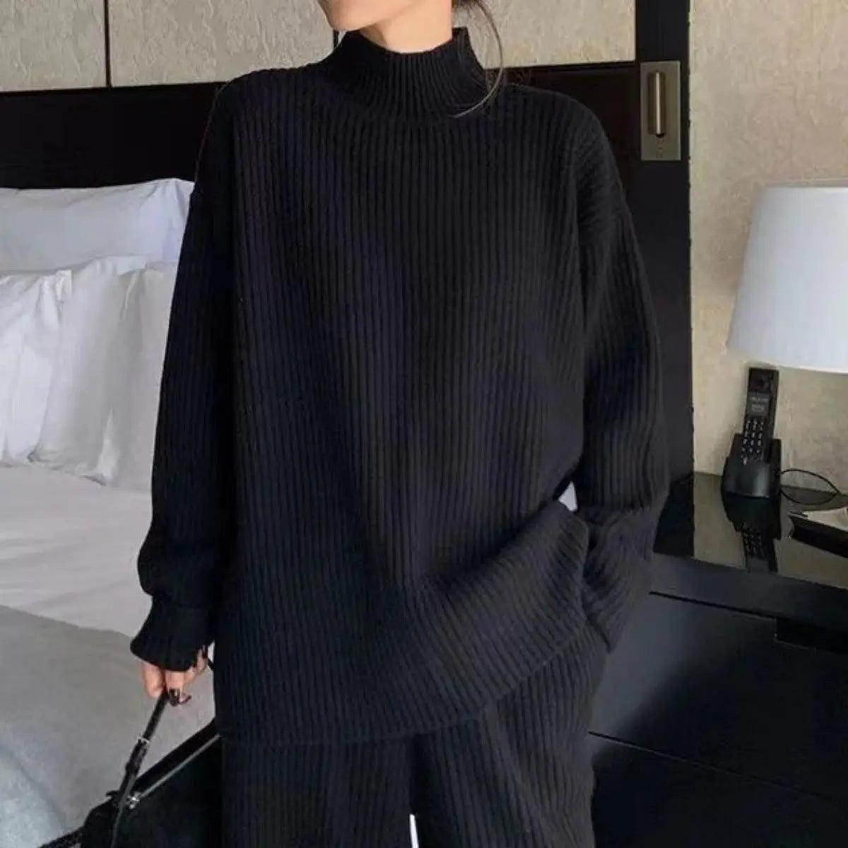 MS018 2 Piece Outfits Casual Loose Turtleneck Long Sleeve Knit Top and Wide Leg Pants - Mariam's Collection