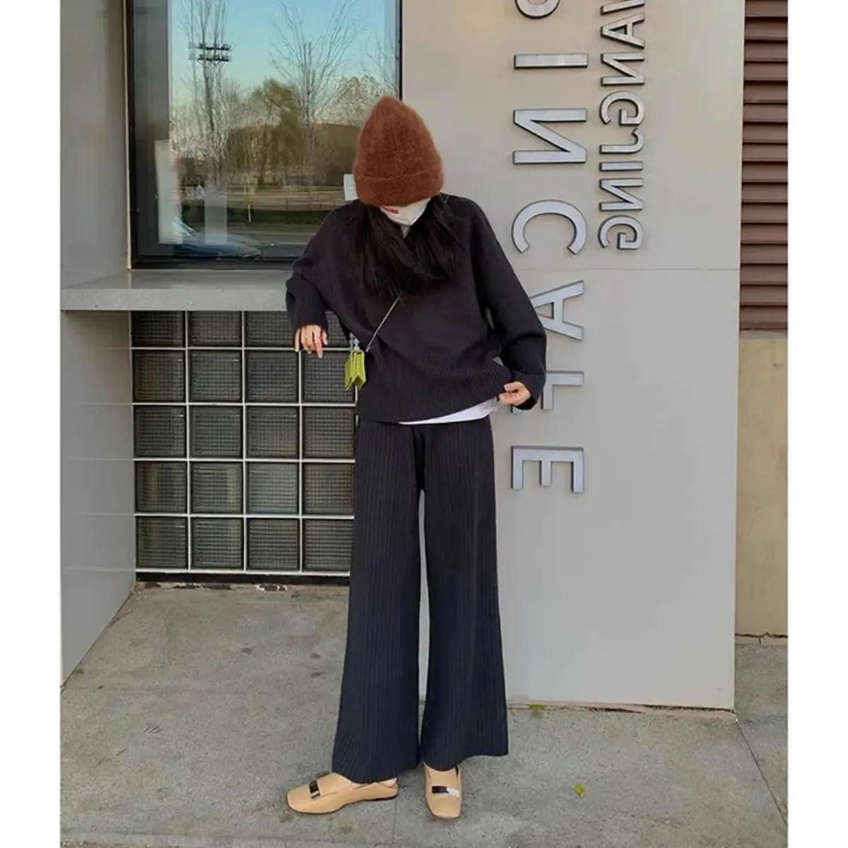 MS019 2 Piece Outfits Sweater High Waist Wide Leg Pants And Long Sleeve Knit V Neck Pullover - Mariam's Collection