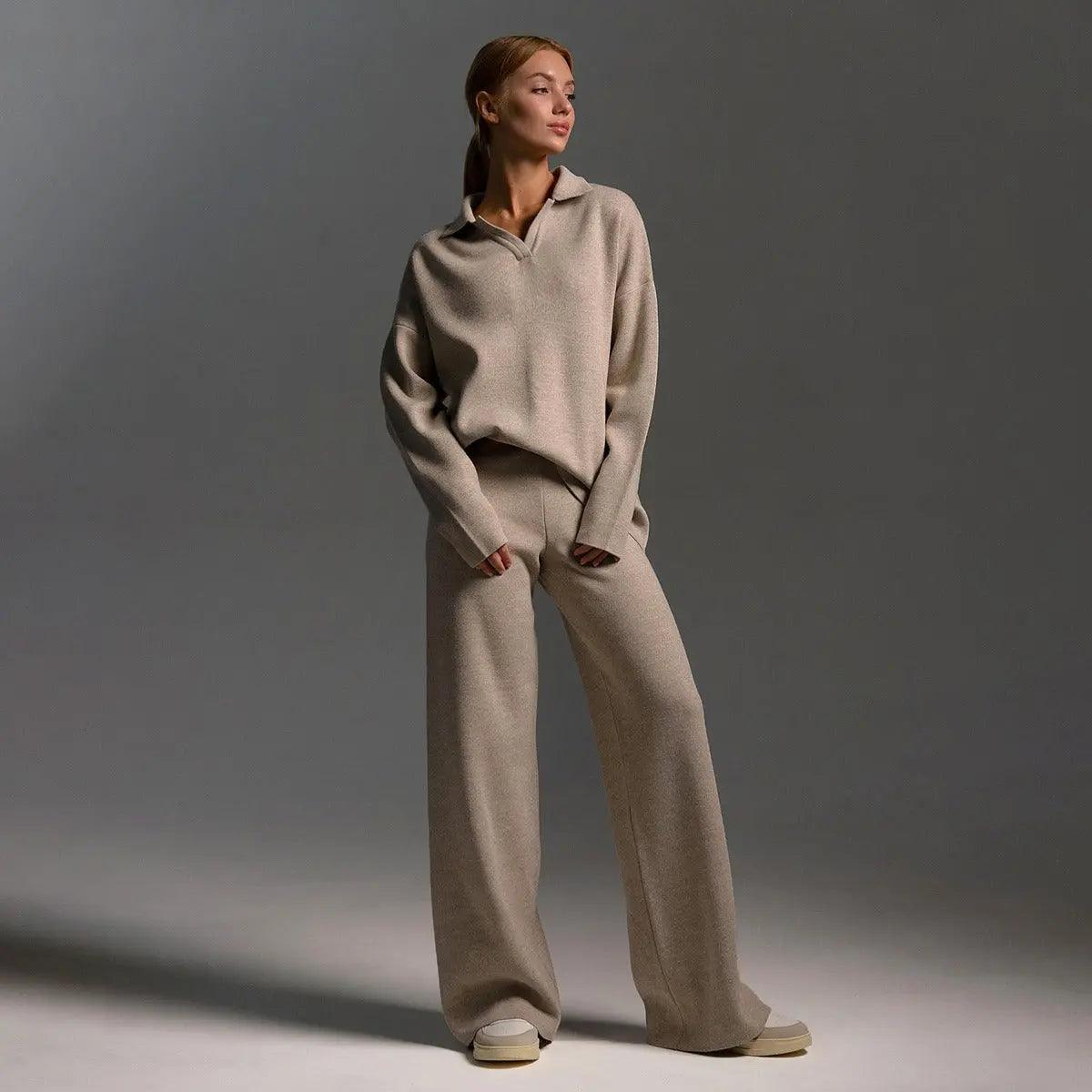 MS021 Knitted Suits Soft Polo Neck Sweater & Wide Leg Pants 2 Pieces Sets - Mariam's Collection