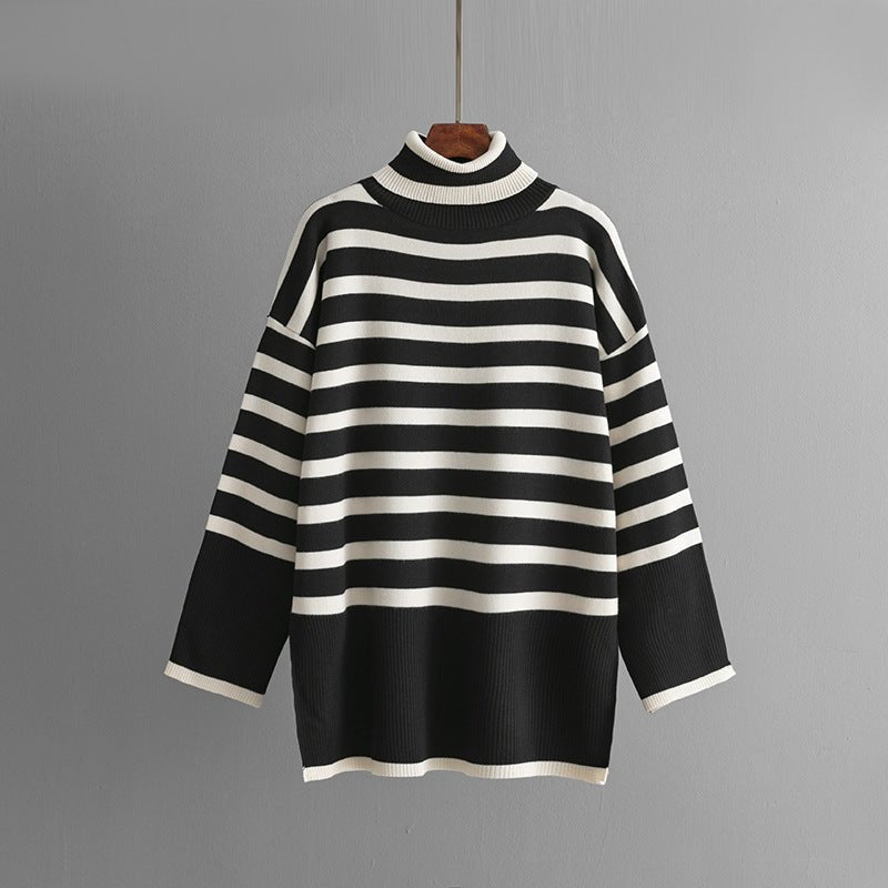 MS049 Autumn And Winter Striped Contrasting Color Turtleneck Loose Knitted Sweater 2 - Piece Set - Mariam's Collection