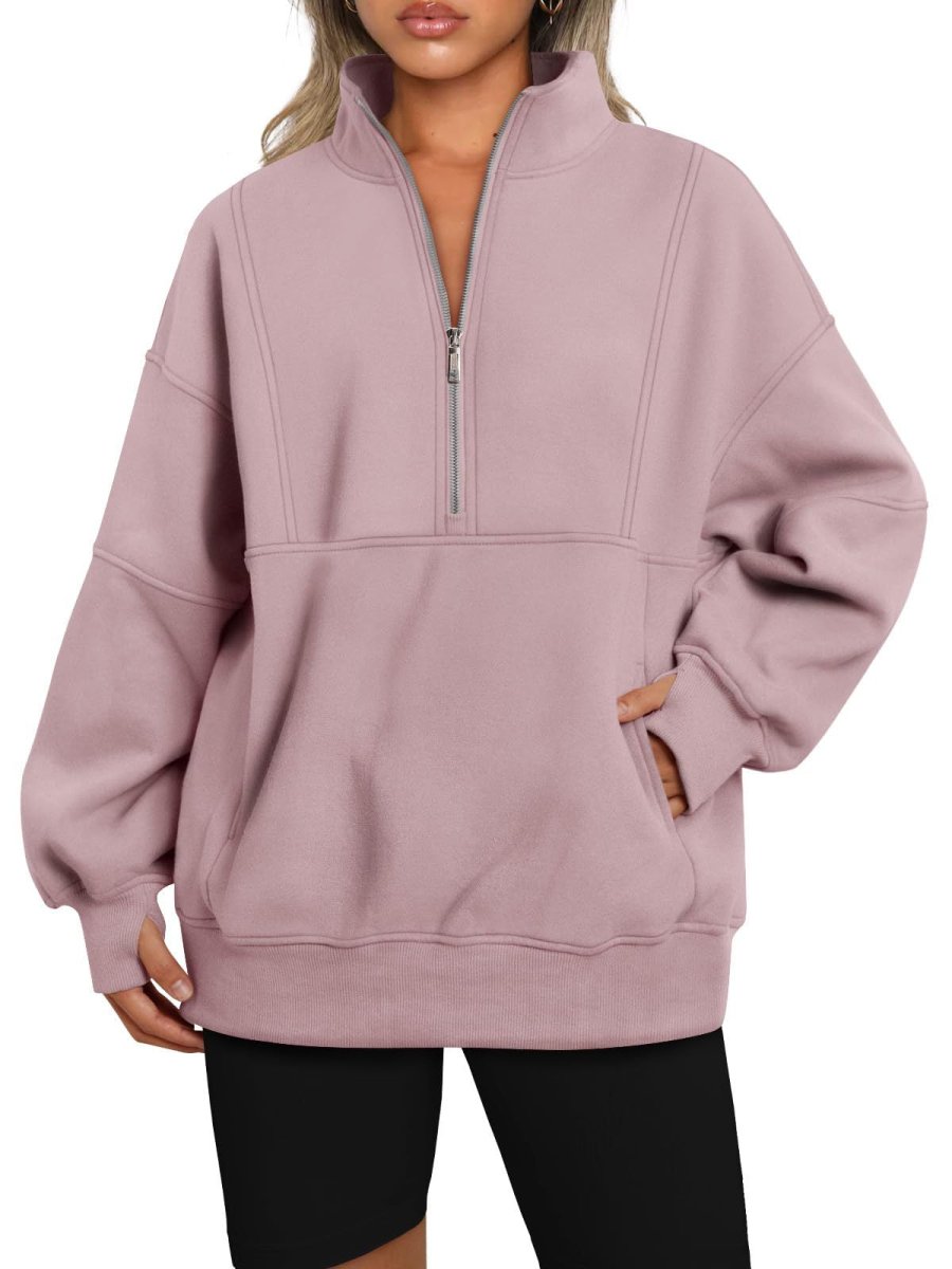 MS052 With Pockets And Half Zip: Loose Casual Patchwork Fleece Sweatshirt With Stand Collar - Mariam's Collection