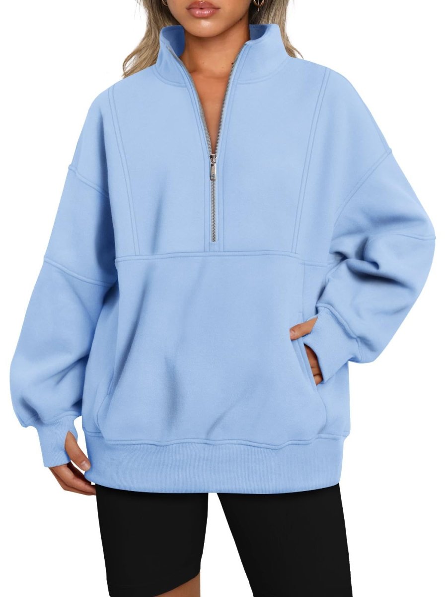 MS052 With Pockets And Half Zip: Loose Casual Patchwork Fleece Sweatshirt With Stand Collar - Mariam's Collection