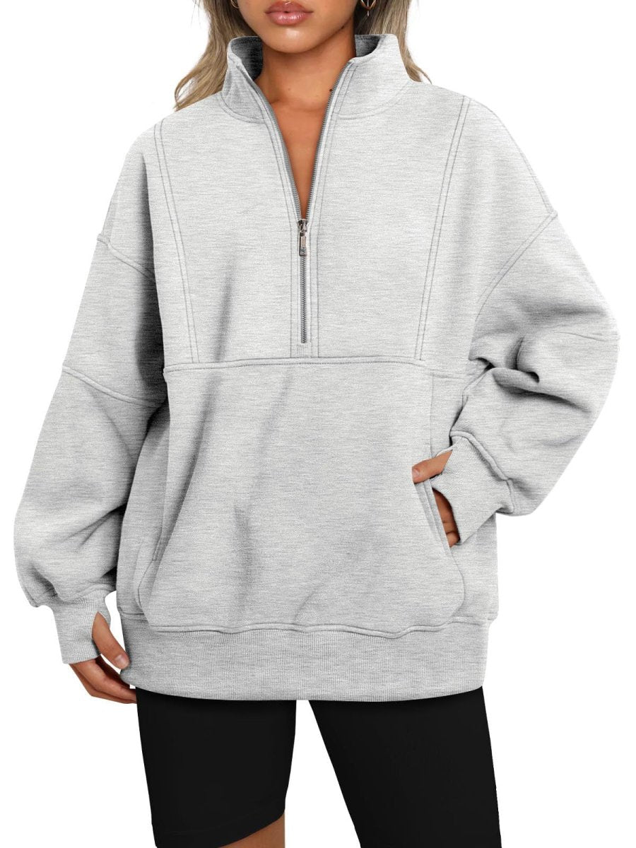 MS052 With Pockets And Half Zip: Loose Casual Patchwork Fleece Sweatshirt With Stand Collar - Mariam's Collection