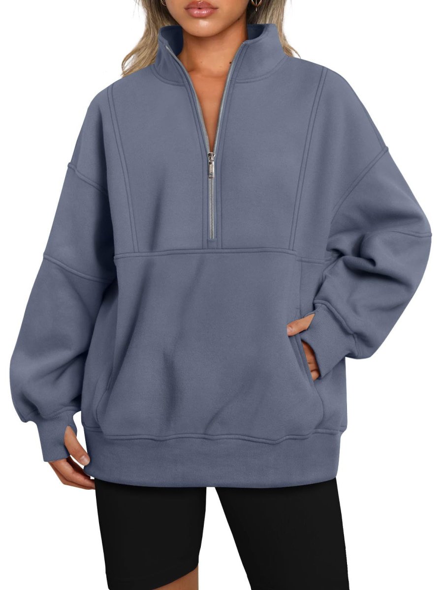 MS052 With Pockets And Half Zip: Loose Casual Patchwork Fleece Sweatshirt With Stand Collar - Mariam's Collection