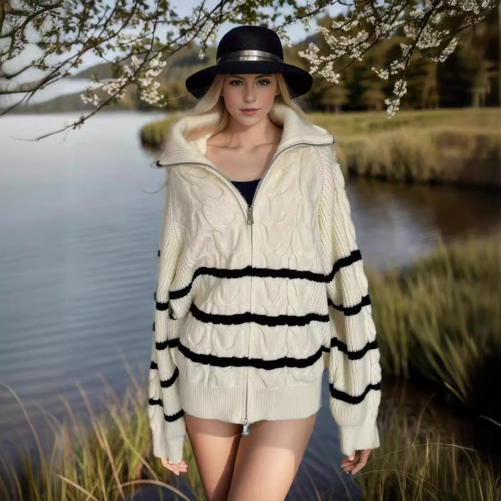 MS057 Lapel Striped Knit Sweater - Mariam's Collection