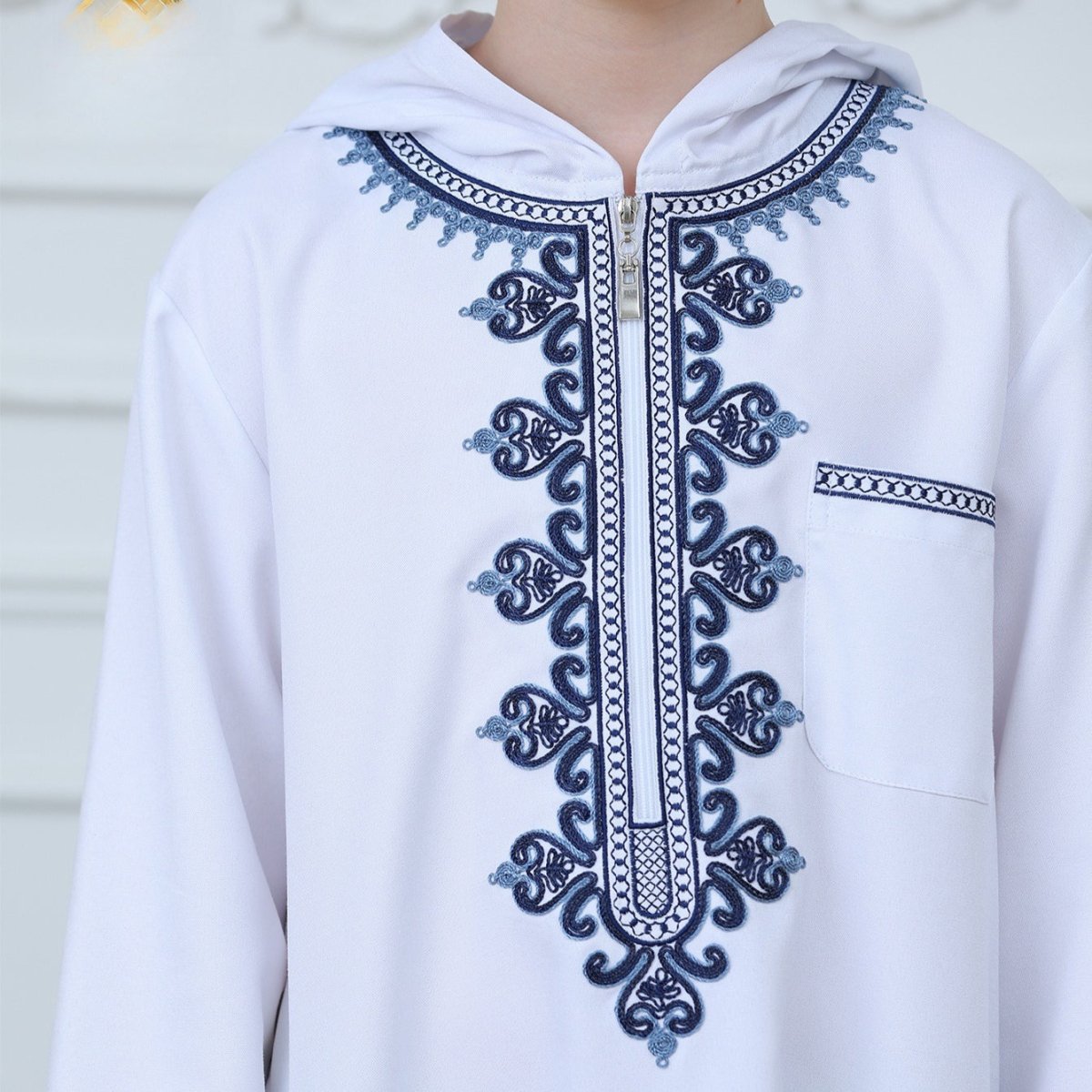 Muslim Boys Embroidered Hooded Thobe with Pockets (MKB014) - Mariam's Collection