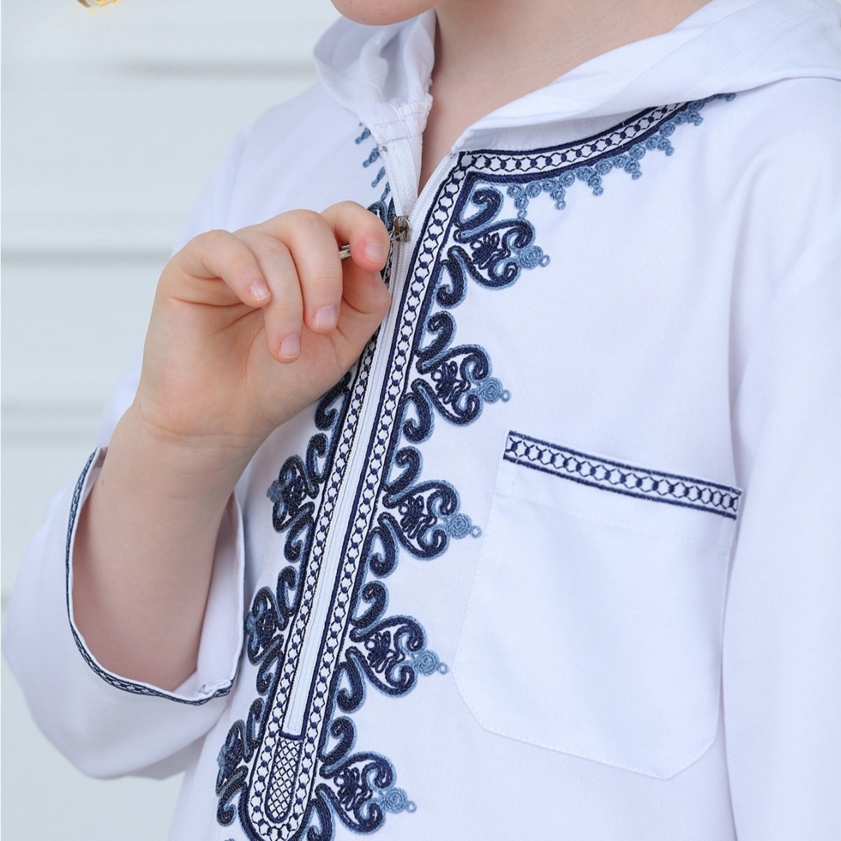 Muslim Boys Embroidered Hooded Thobe with Pockets (MKB014) - Mariam's Collection