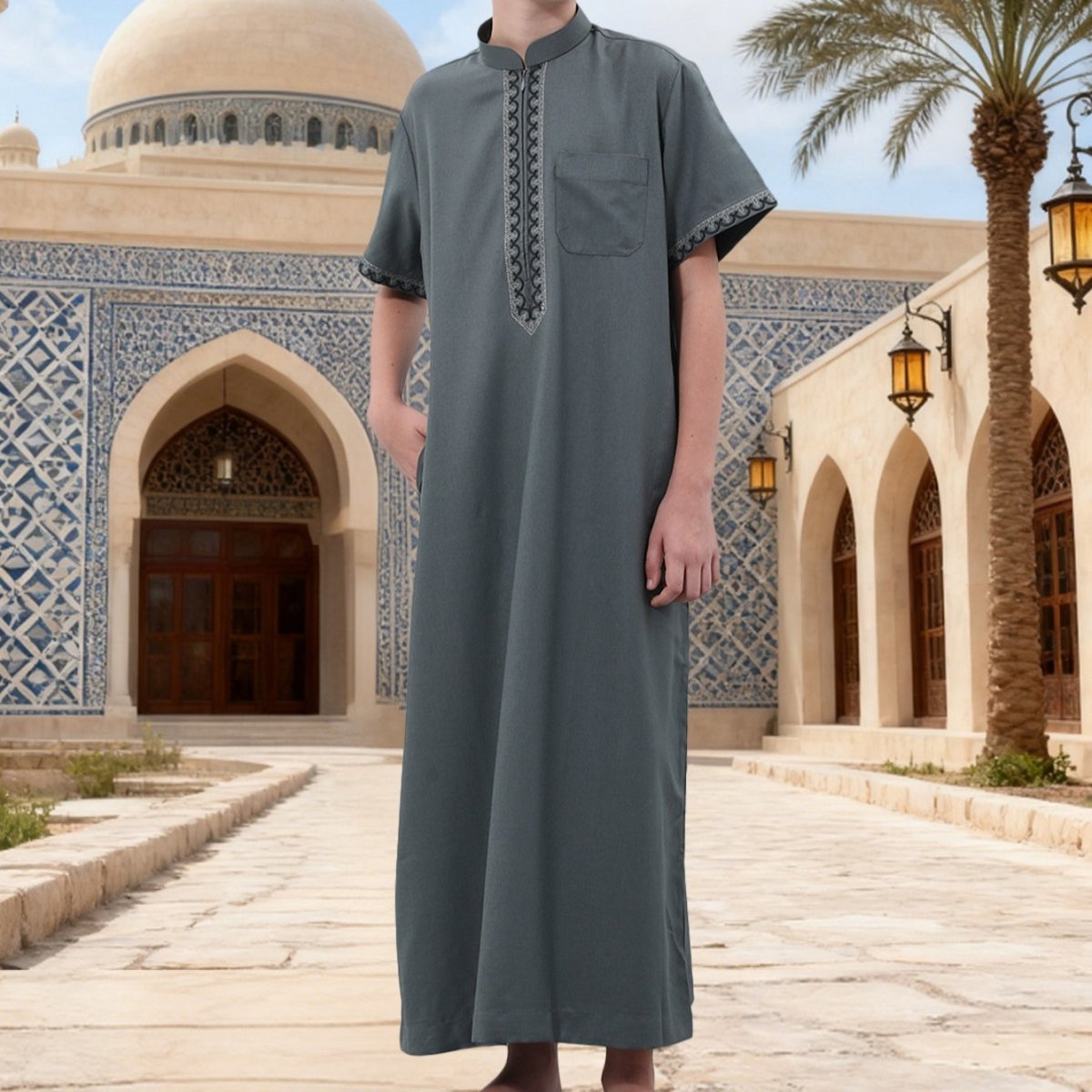 Muslim Boys Embroidered Thobe with Pockets (MKB013) - Mariam's Collection