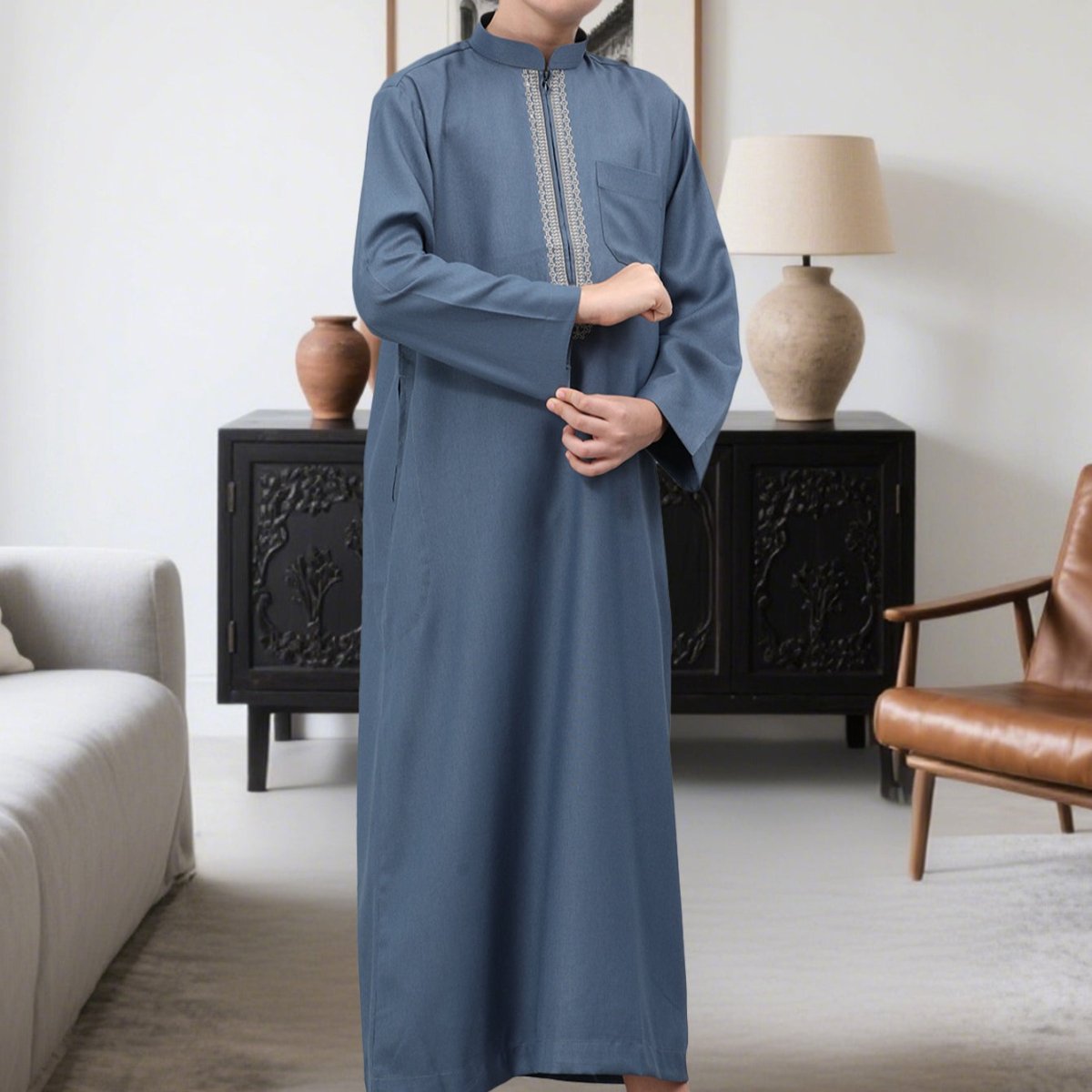 Muslim Boys Embroidered Thobe with Pockets (MKB013) - Mariam's Collection