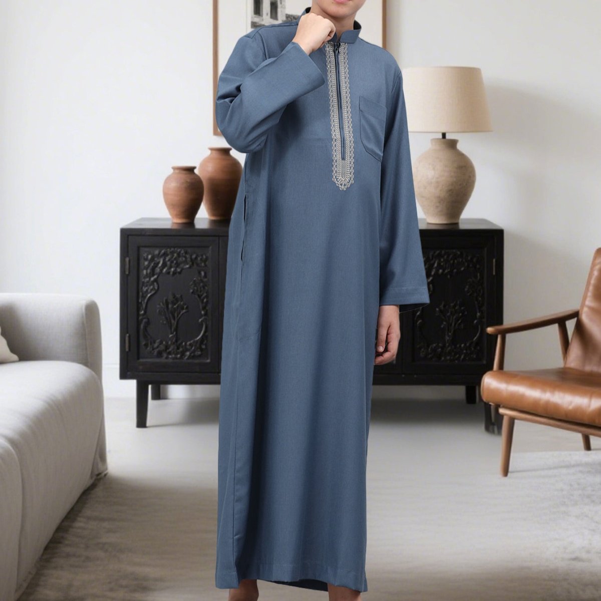 Muslim Boys Embroidered Thobe with Pockets (MKB013) - Mariam's Collection