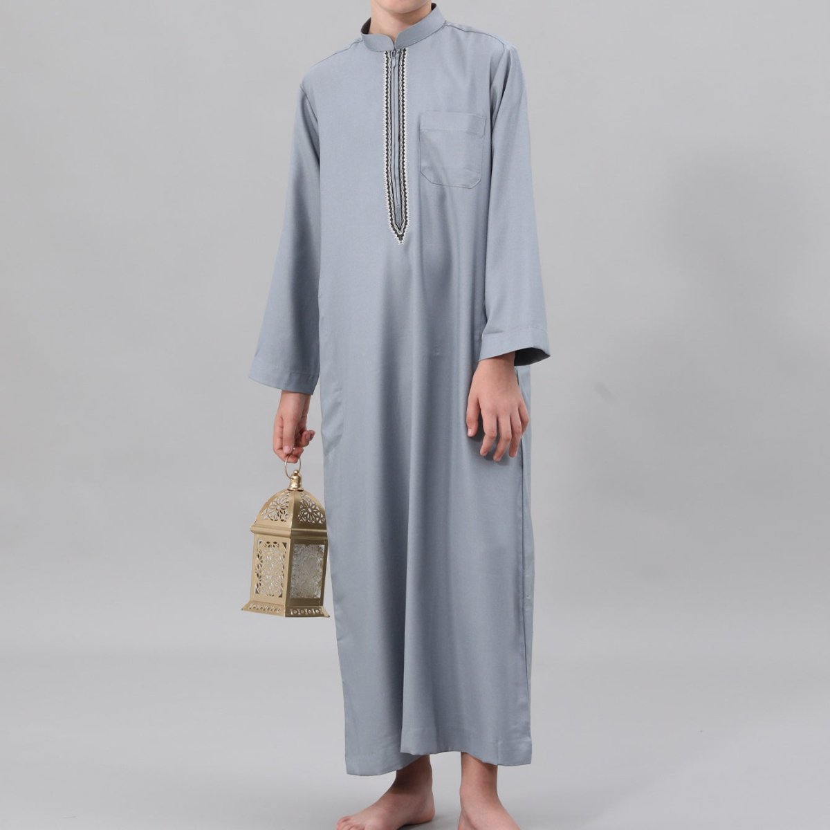 Muslim Boys Embroidered Thobe with Pockets (MKB013) - Mariam's Collection