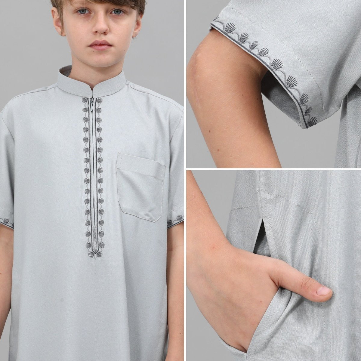 Muslim Boys Embroidered Thobe with Pockets (MKB013) - Mariam's Collection