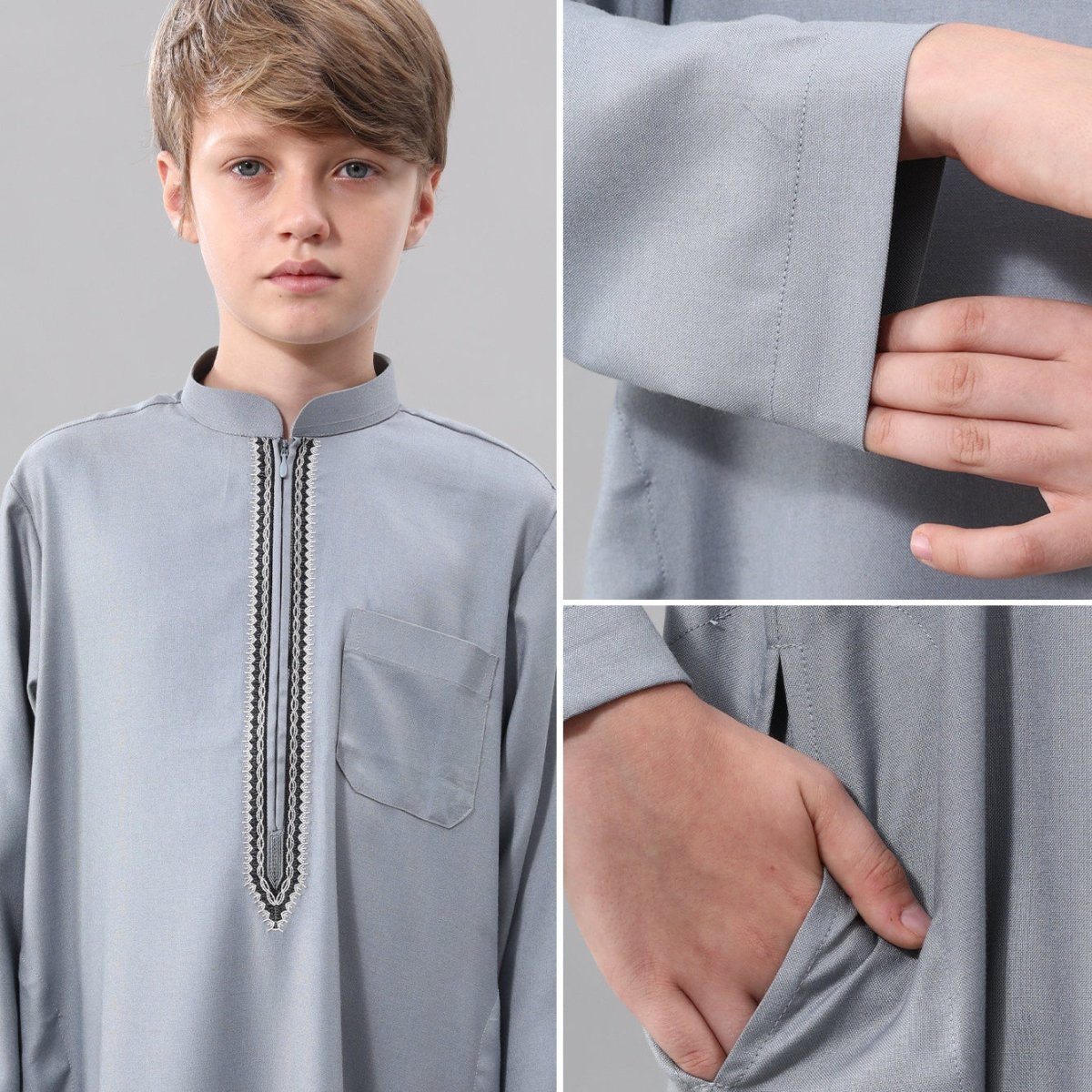 Muslim Boys Embroidered Thobe with Pockets (MKB013) - Mariam's Collection