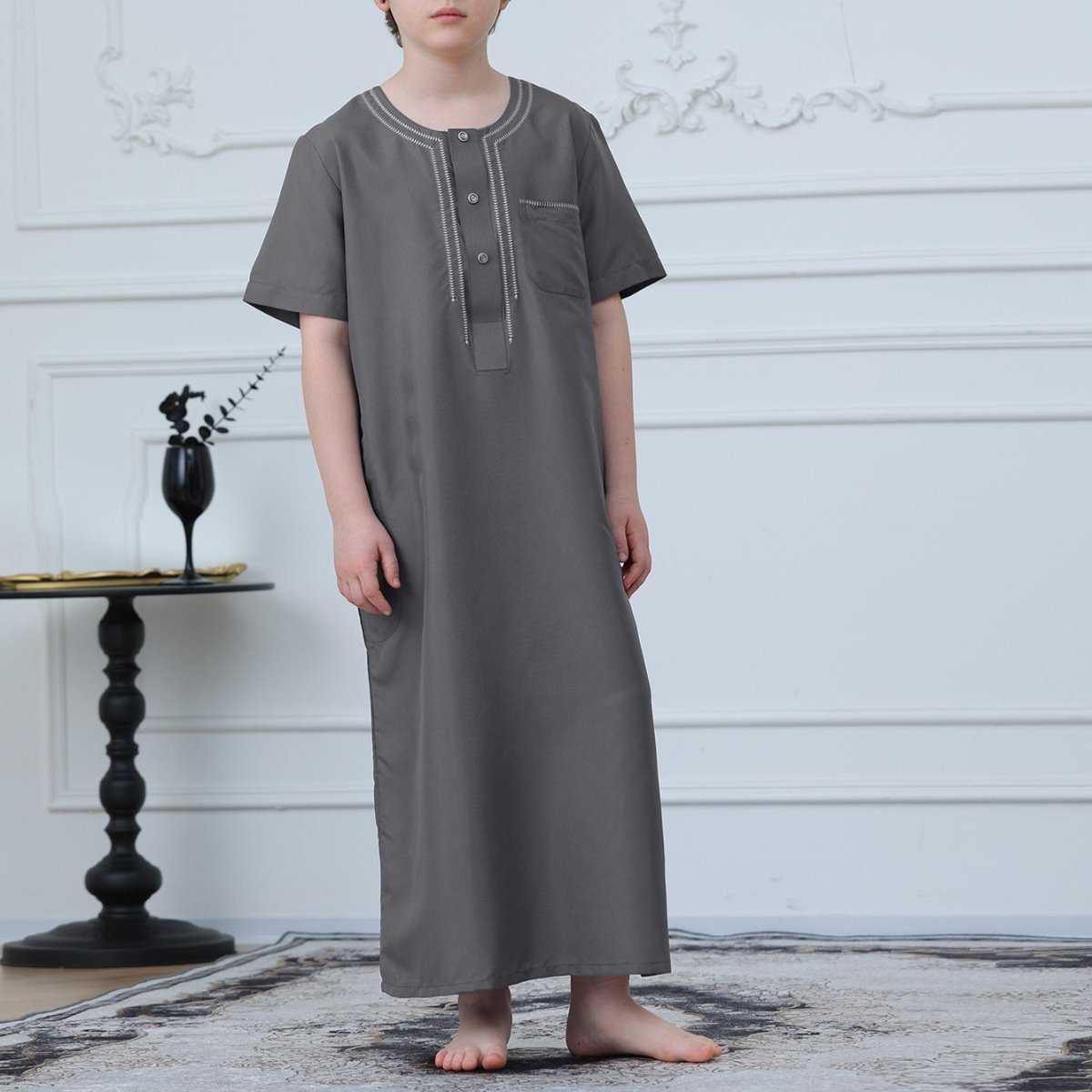 Muslim Boys Short Sleeve Embroidered Thobe with Pockets (MKB015) - Mariam's Collection