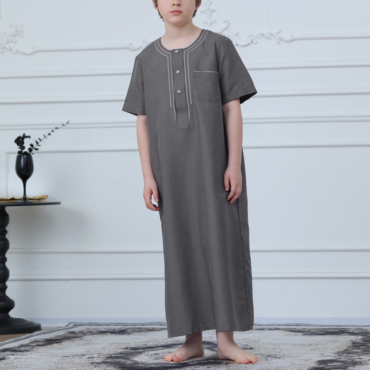 Muslim Boys Short Sleeve Embroidered Thobe with Pockets (MKB015) - Mariam's Collection