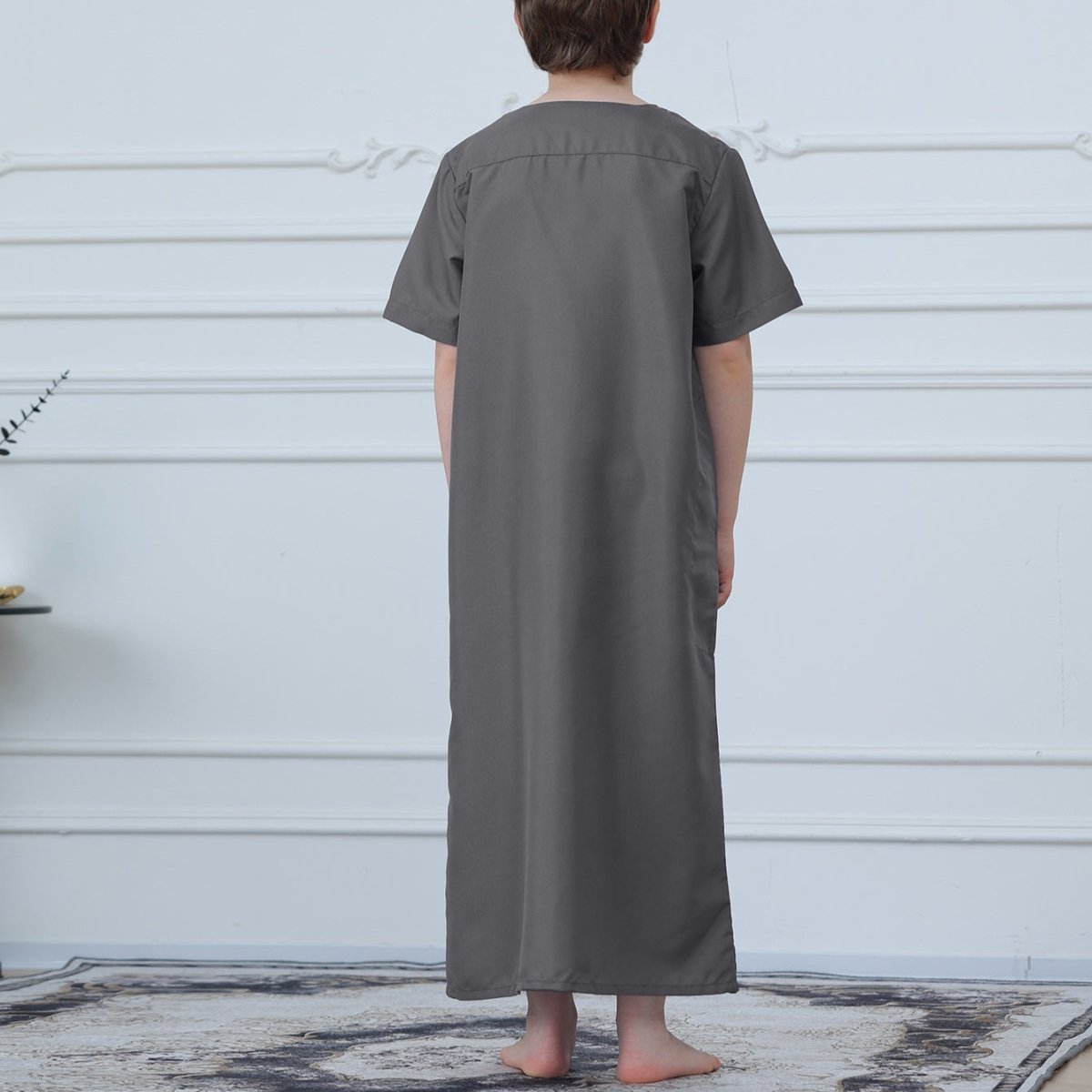 Muslim Boys Short Sleeve Embroidered Thobe with Pockets (MKB015) - Mariam's Collection