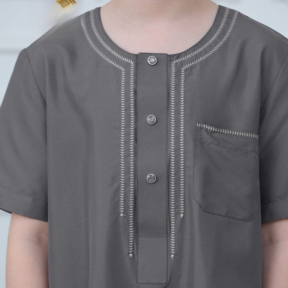 Muslim Boys Short Sleeve Embroidered Thobe with Pockets (MKB015) - Mariam's Collection