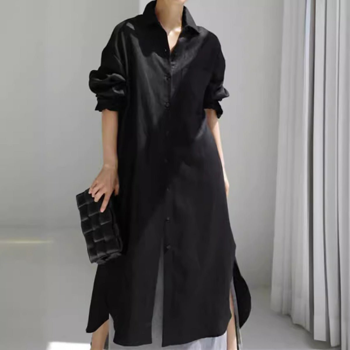 Muslim Casual Elegance Linen - Blend Shirt Dress | Modest Maxi with Button Front & Side Slits. (MS096) - Mariam's Collection