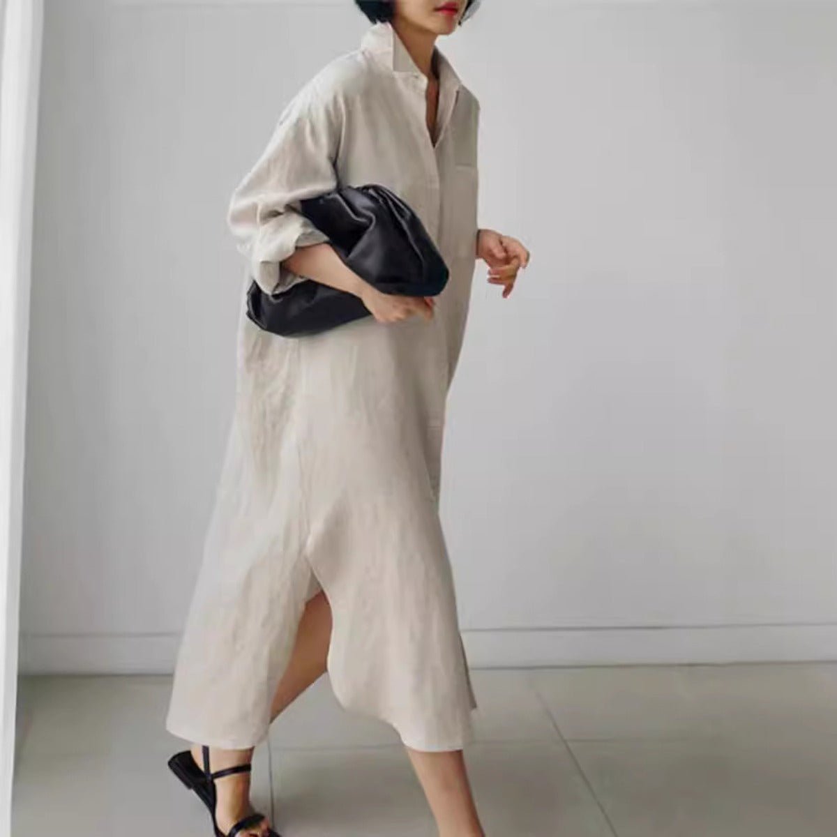 Muslim Casual Elegance Linen - Blend Shirt Dress | Modest Maxi with Button Front & Side Slits. (MS096) - Mariam's Collection