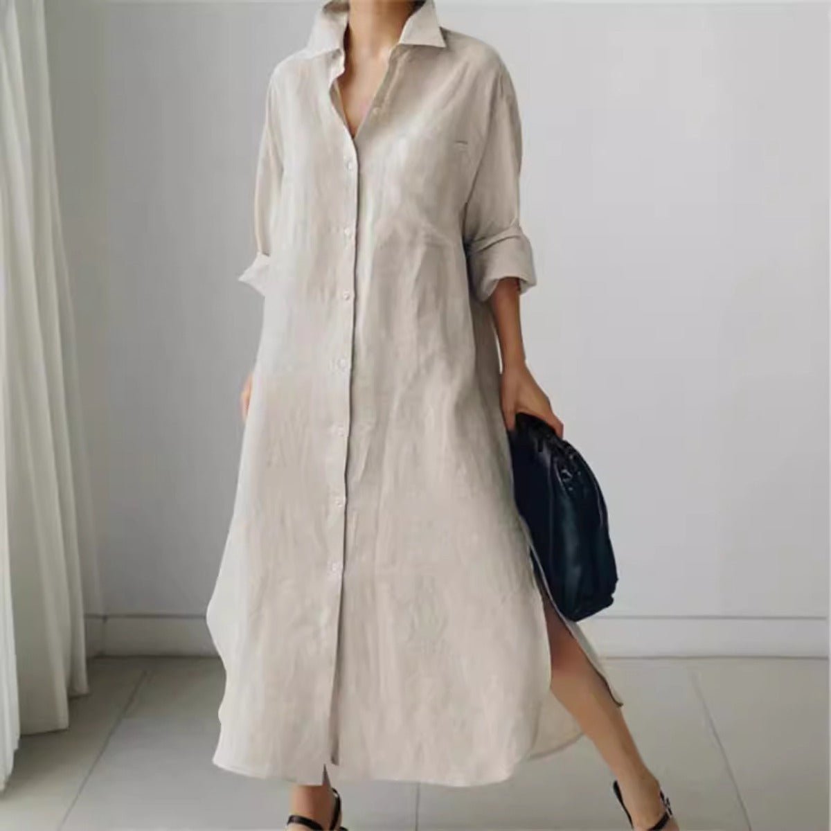 Muslim Casual Elegance Linen - Blend Shirt Dress | Modest Maxi with Button Front & Side Slits. (MS096) - Mariam's Collection