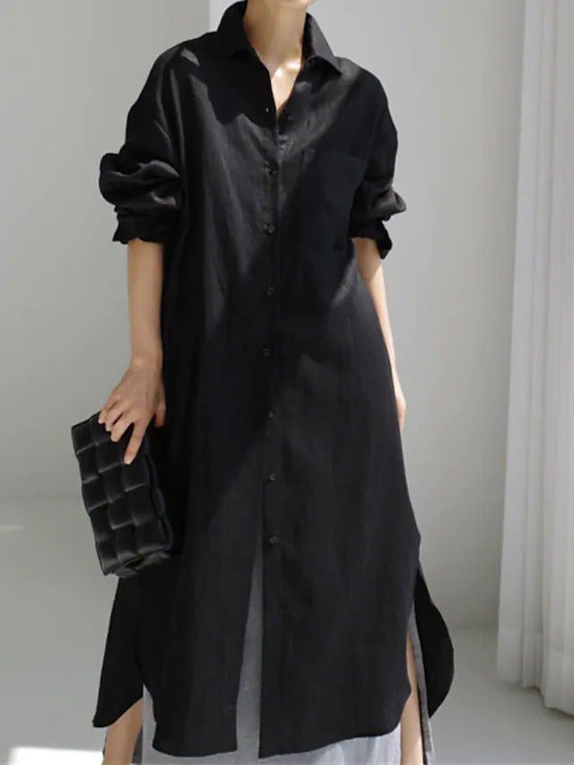 Muslim Casual Elegance Linen - Blend Shirt Dress | Modest Maxi with Button Front & Side Slits. (MS096) - Mariam's Collection