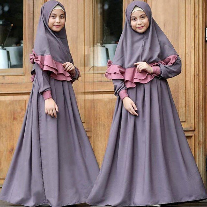 Muslim Girls Dress & Bow Hijab Set with Ruffle Trim (MKG026) - Mariam's Collection