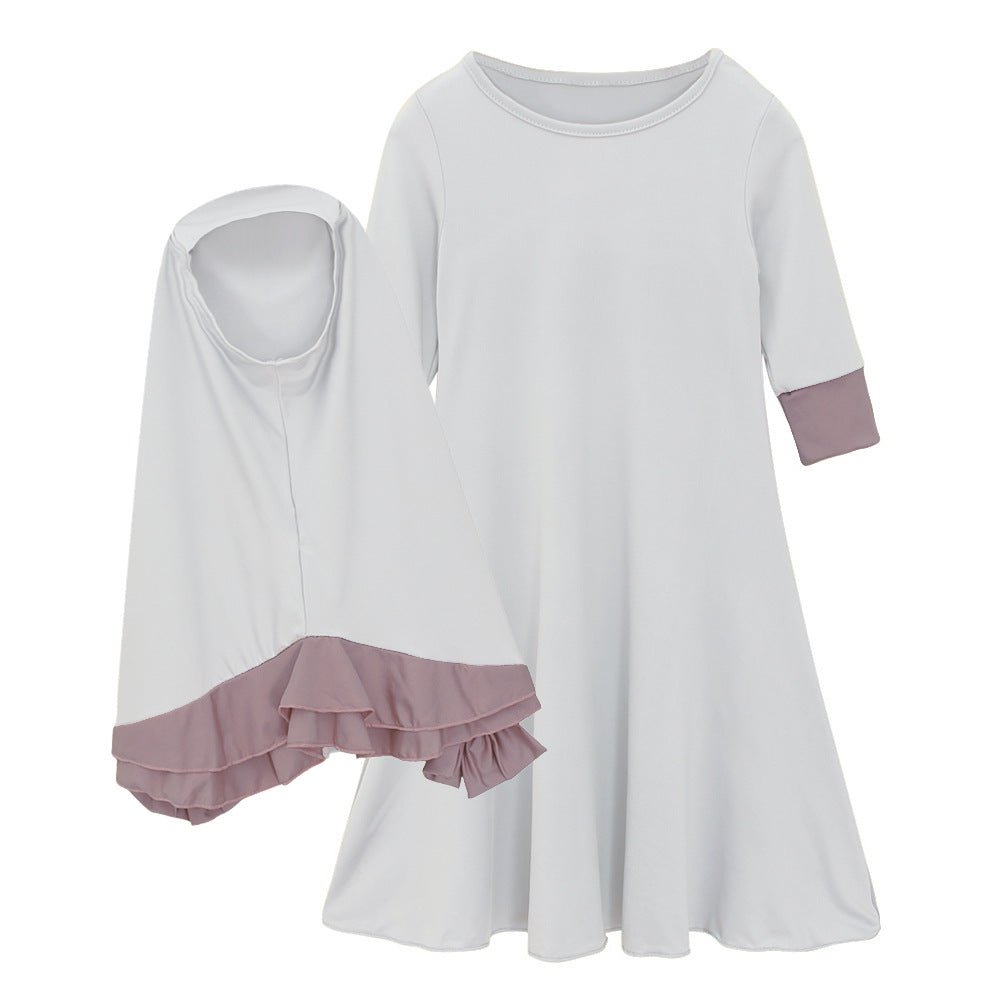 Muslim Girls Dress & Bow Hijab Set with Ruffle Trim (MKG026) - Mariam's Collection
