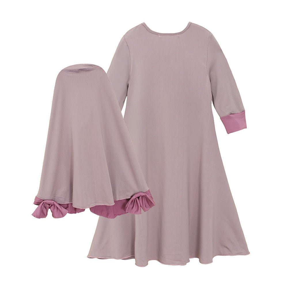Muslim Girls Dress & Bow Hijab Set with Ruffle Trim (MKG026) - Mariam's Collection
