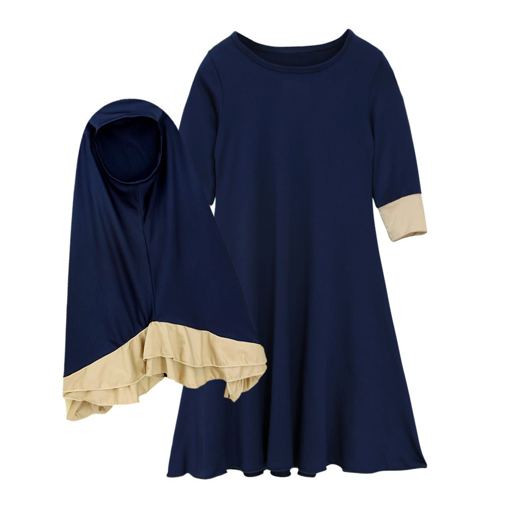Muslim Girls Dress & Bow Hijab Set with Ruffle Trim (MKG026) - Mariam's Collection