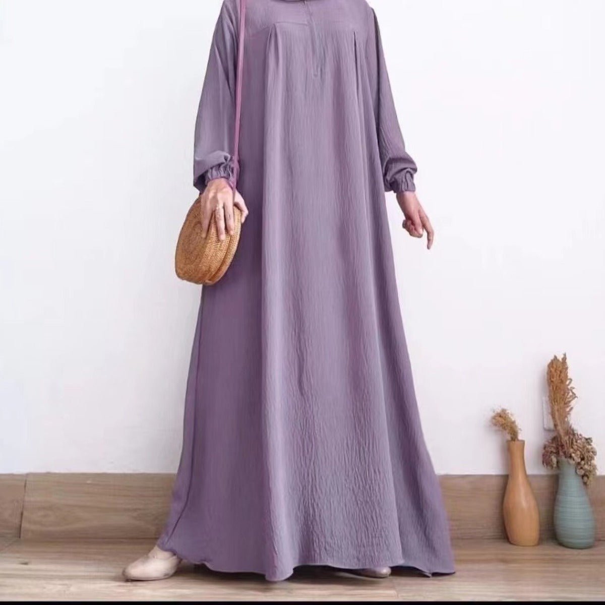 Muslim Luxury Autumn Hues Bubble Sleeve Dress | Modest Robe with Placket Zip. (MA255) - Mariam's Collection