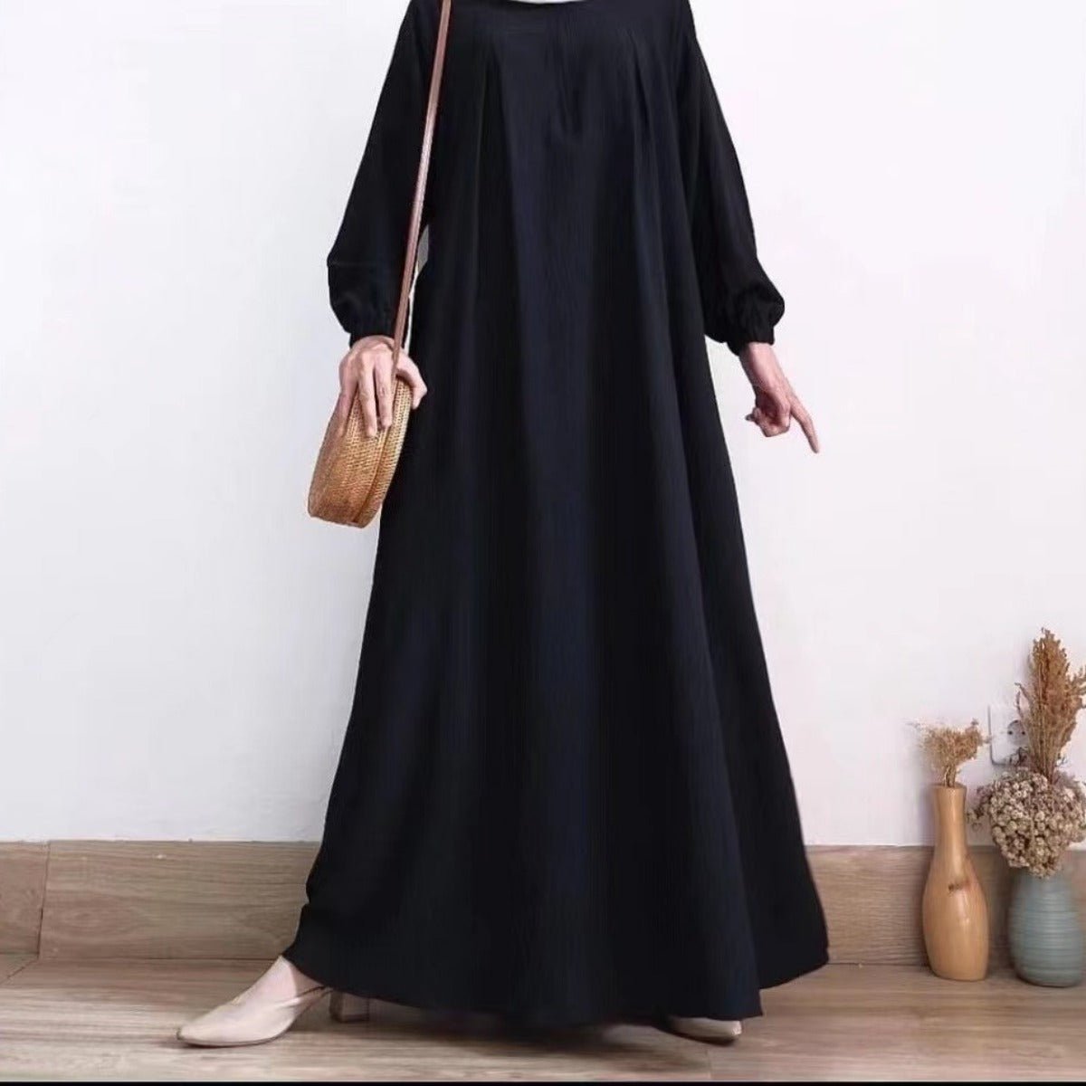 Muslim Luxury Autumn Hues Bubble Sleeve Dress | Modest Robe with Placket Zip. (MA255) - Mariam's Collection