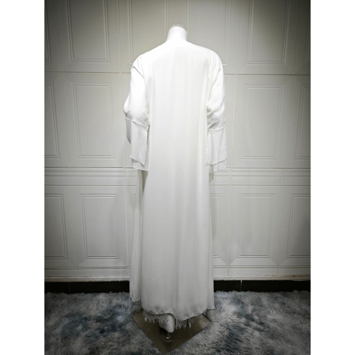 Muslim Women's Luxury Pure Elegance Chiffon Abaya | White Modest Dress with Delicate Lace Splicing & Matching Hijab. (MOA175) - Mariam's Collection