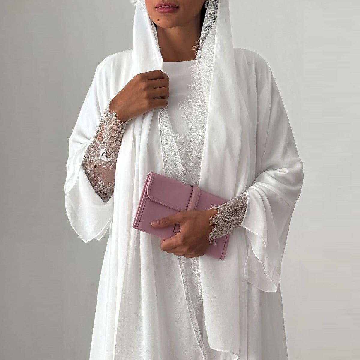 Muslim Women's Luxury Pure Elegance Chiffon Abaya | White Modest Dress with Delicate Lace Splicing & Matching Hijab. (MOA175) - Mariam's Collection