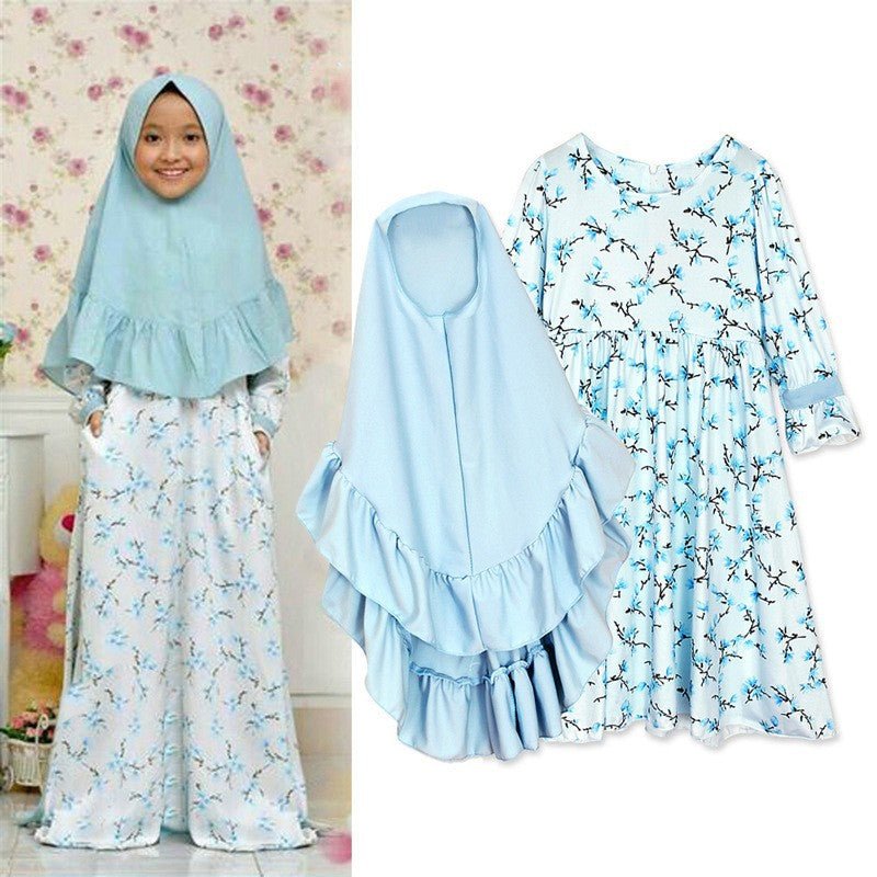 Muslimah Girls Blue Floral Dress & Khimar Set (MKG027) - Mariam's Collection