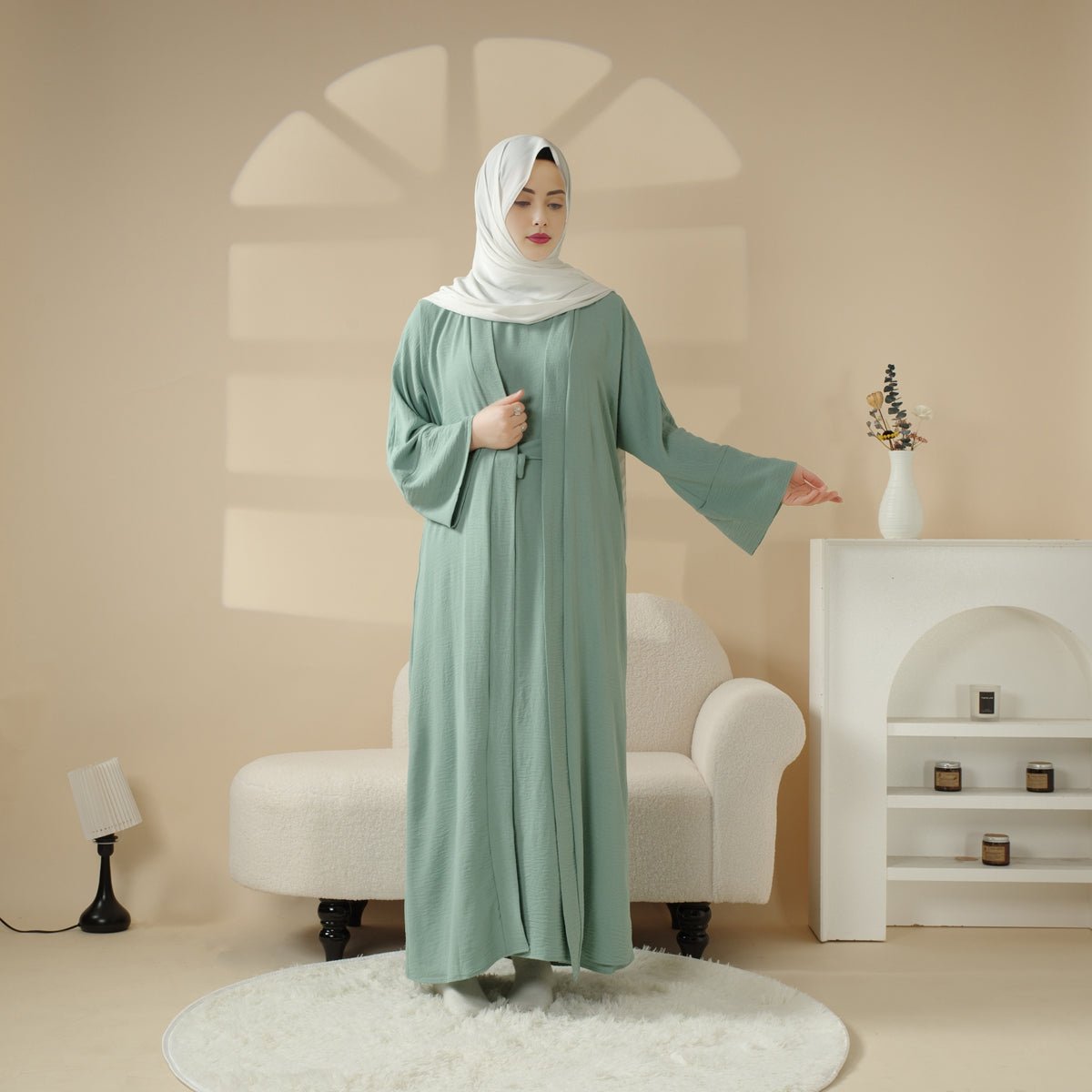 Open Crepe Abaya With Inner Dress & Matching Belt (MOA087)