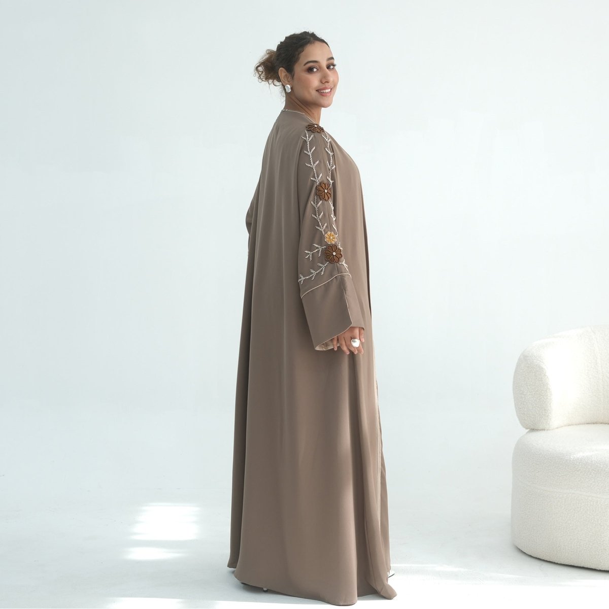 Nida Abaya with Hand - Beaded Floral Sleeves(MOA290) - Mariam's Collection