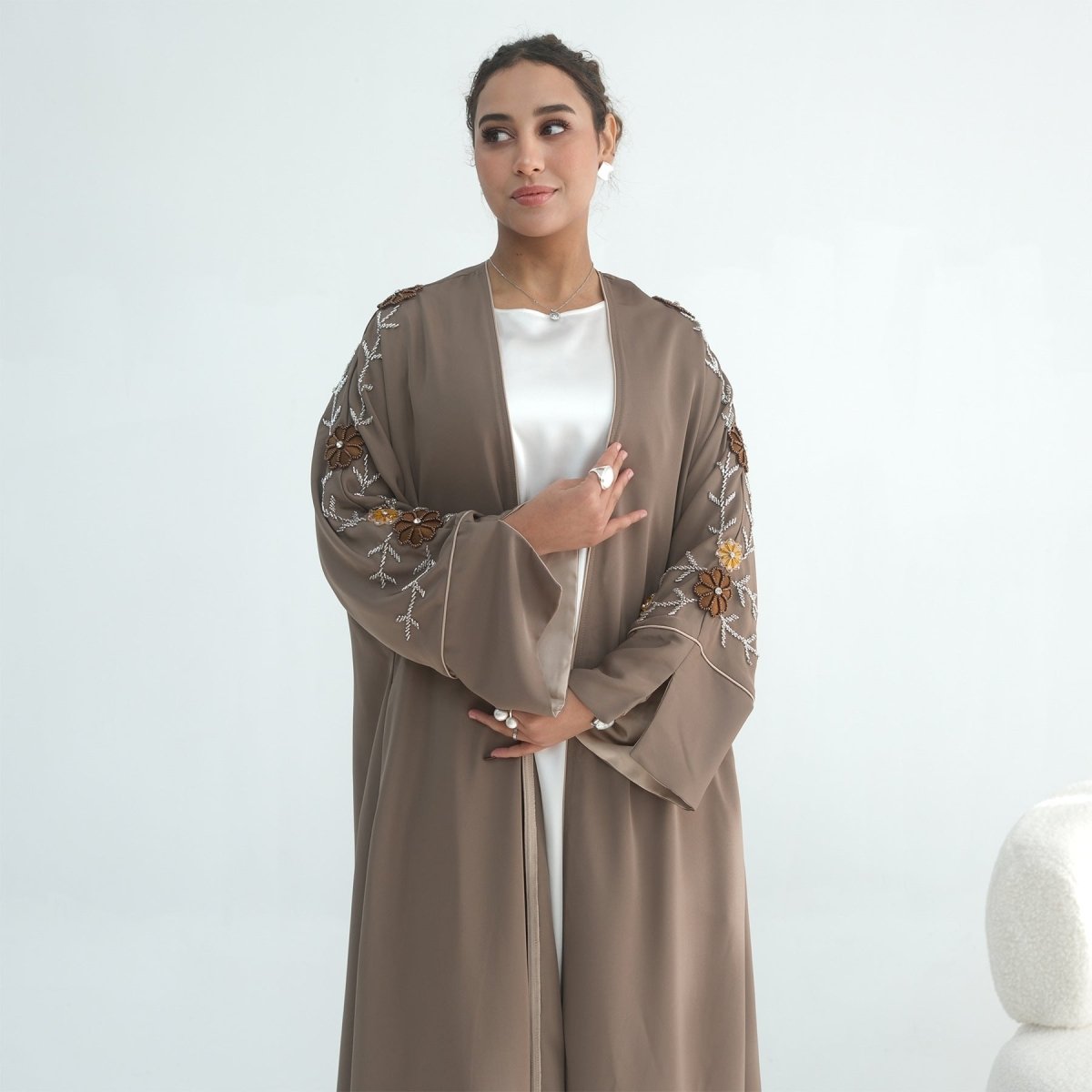 Nida Abaya with Hand - Beaded Floral Sleeves(MOA290) - Mariam's Collection