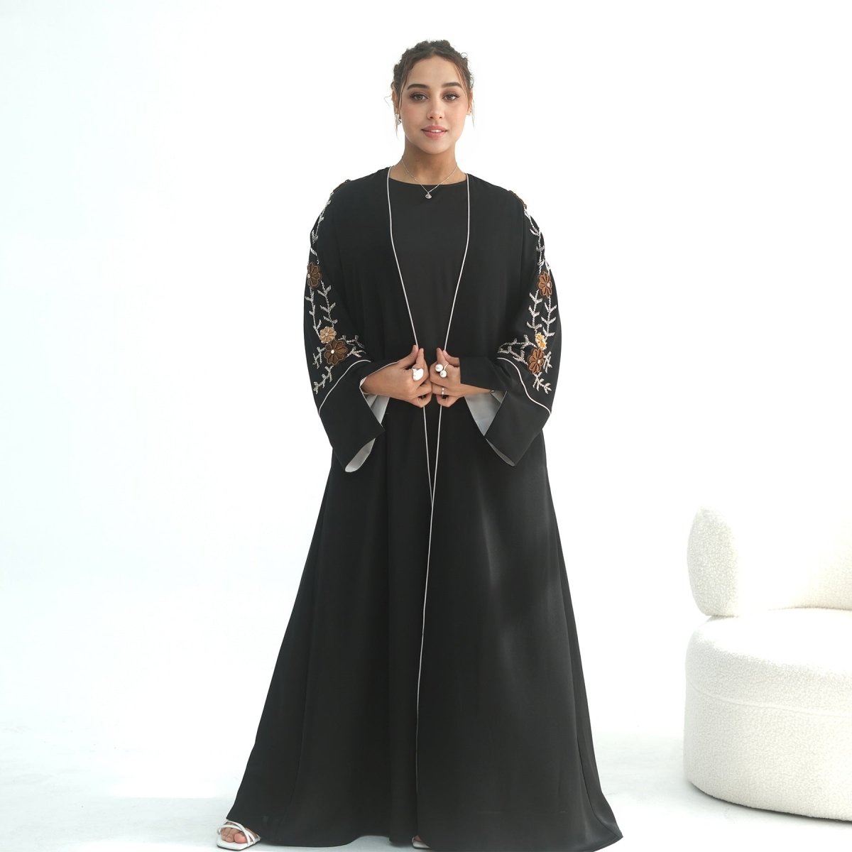 Nida Abaya with Hand - Beaded Floral Sleeves(MOA290) - Mariam's Collection