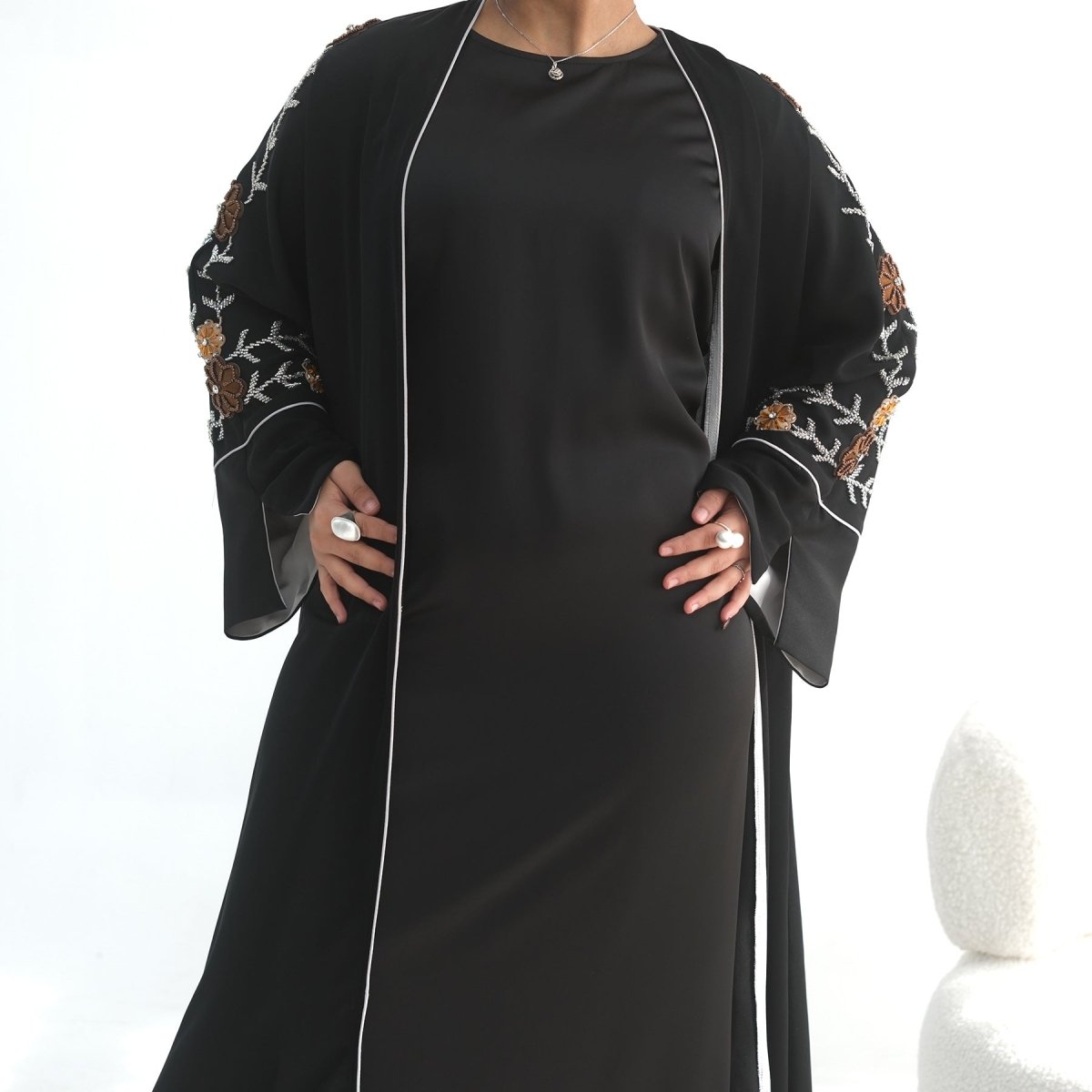 Nida Abaya with Hand - Beaded Floral Sleeves(MOA290) - Mariam's Collection