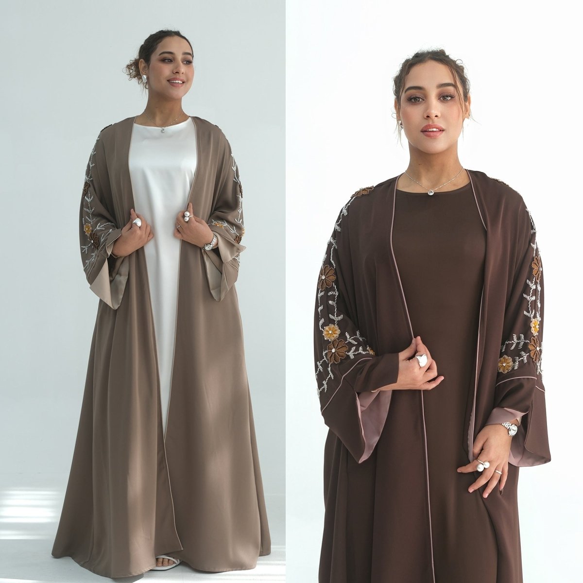 Nida Abaya with Hand - Beaded Floral Sleeves(MOA290) - Mariam's Collection
