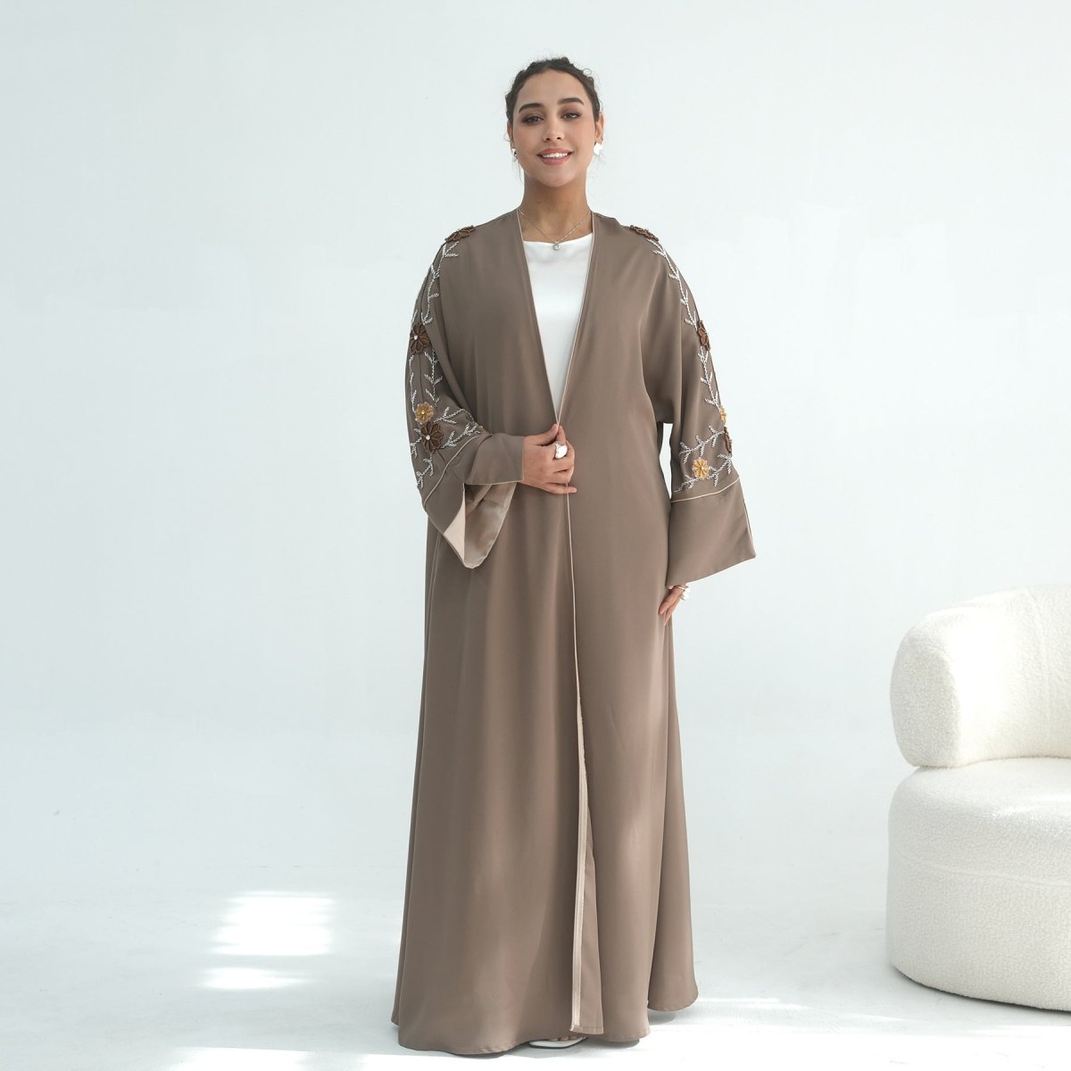 Nida Abaya with Hand - Beaded Floral Sleeves(MOA290) - Mariam's Collection