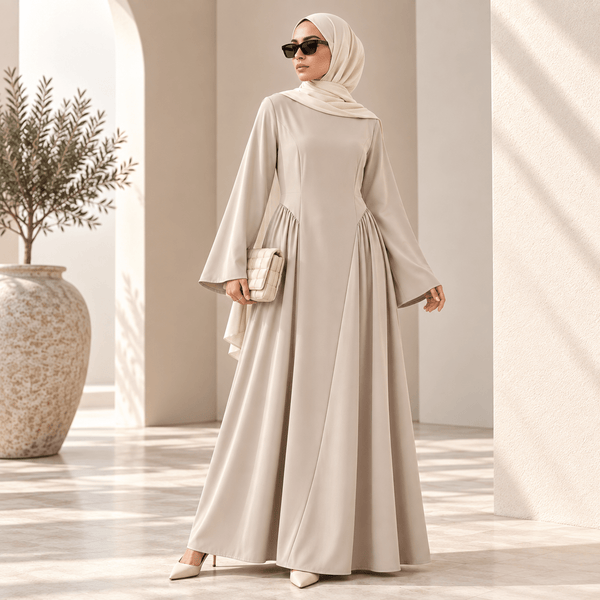 Side view of pleated A-line nida abaya showing skirt volume