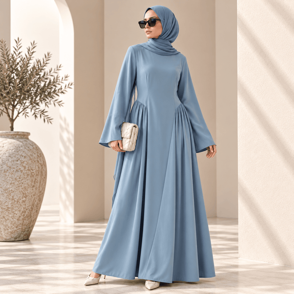 Back view of nida flared maxi dress with hidden zip