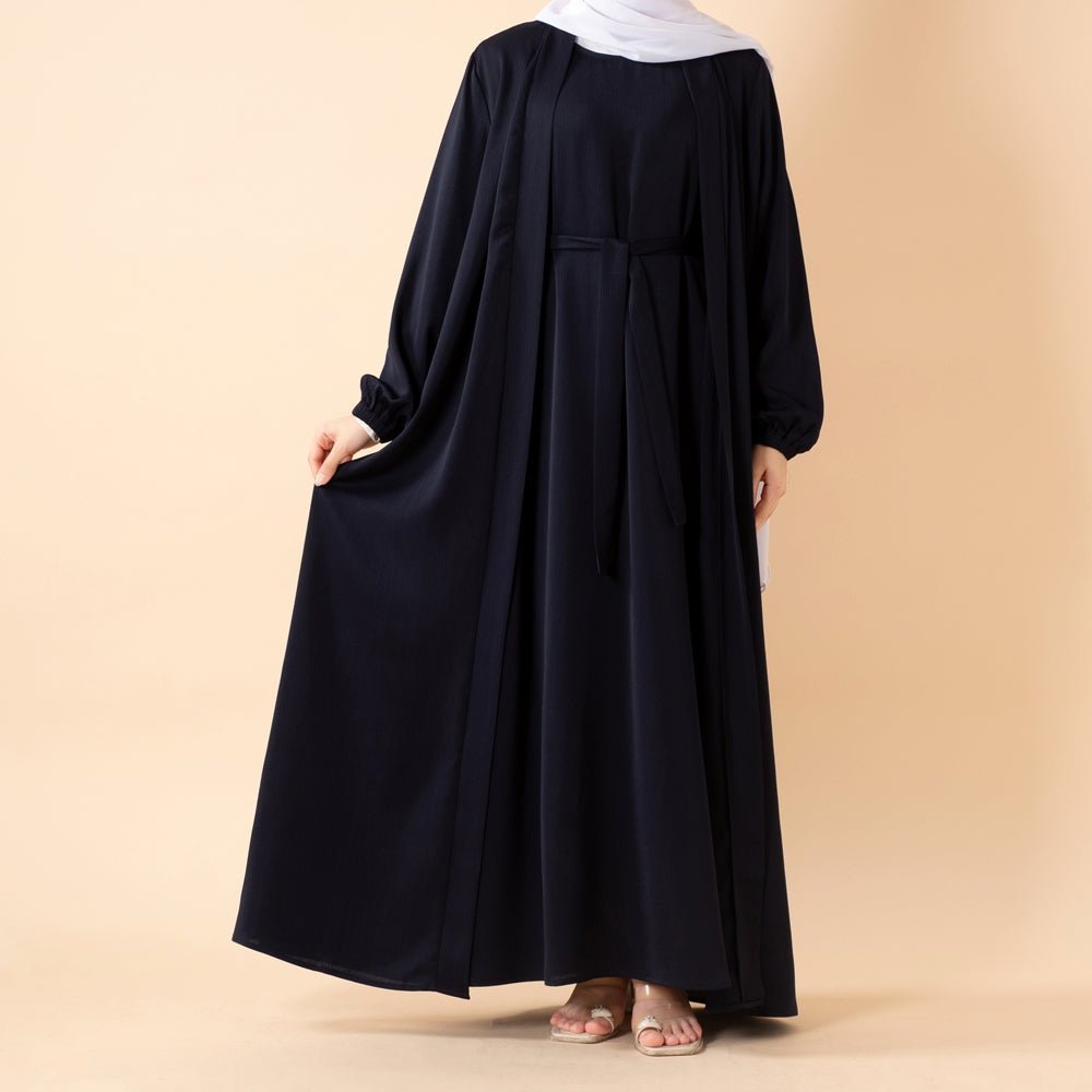 Premium Nida Zoom Open Abaya Set | 3-Piece Textured Abaya with Pockets and Belt
