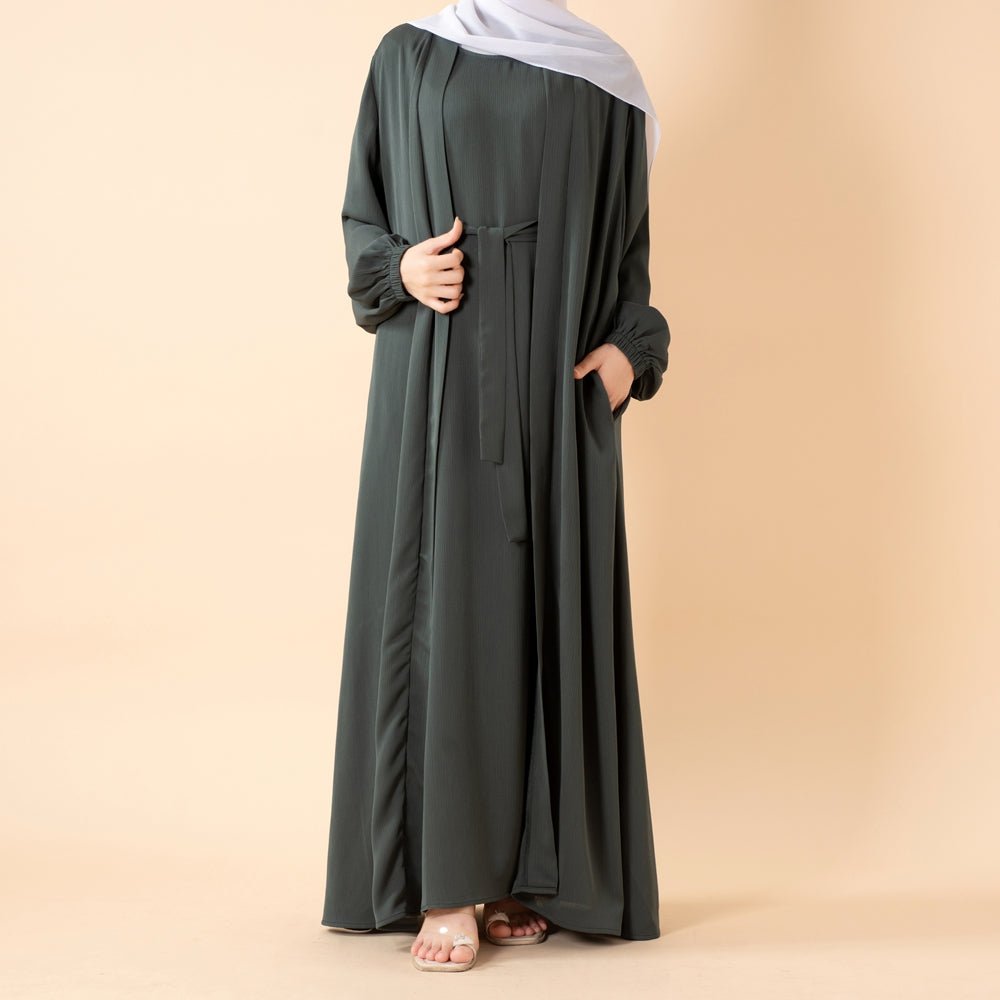 Premium Nida Zoom Open Abaya Set | 3-Piece Textured Abaya with Pockets and Belt